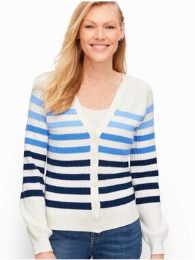 Talbots Striped V-Neck Button Cardigan - Breton Stripe